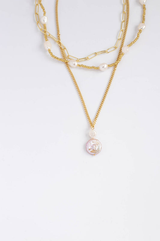 True Change Coin Pendant Pearl Triple Layer Necklace